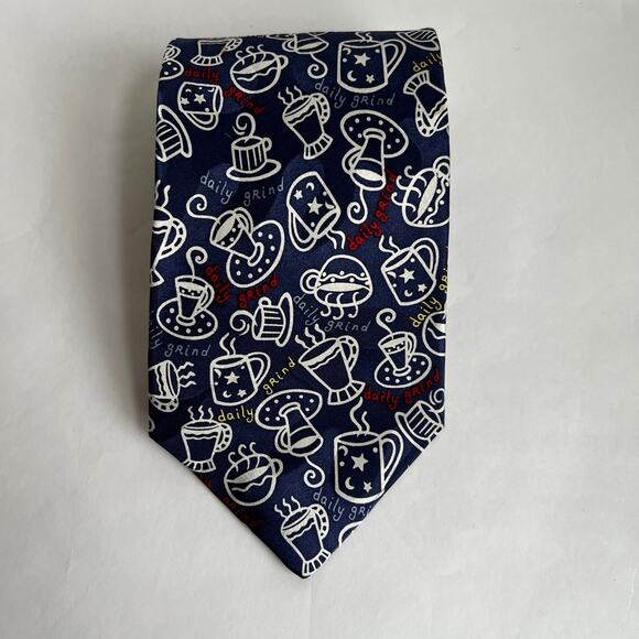 Vintage Coffee Tie NOVELTIES Hallmark 1996 Daily Grind, USA Silk Navy Blue - Picture 7 of 8